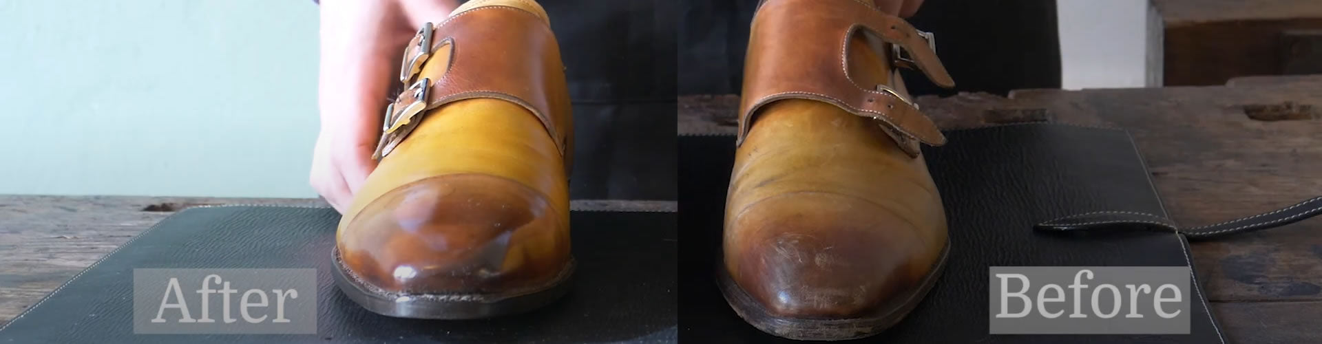 Before-and-after shot of a Santoni shoe, showing the restoration and shine from the shoe shining process.
