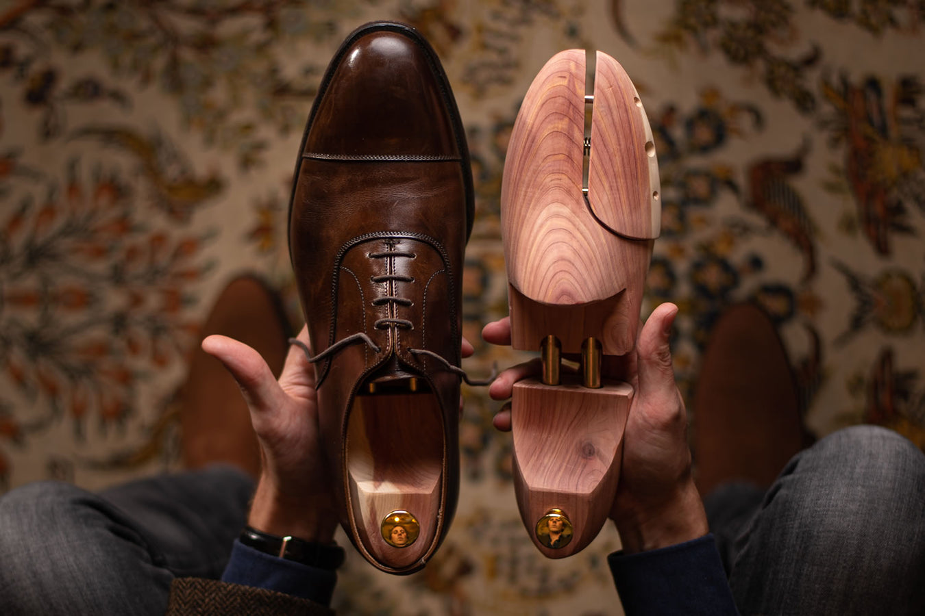 Cedar shoe trees in leather shoes